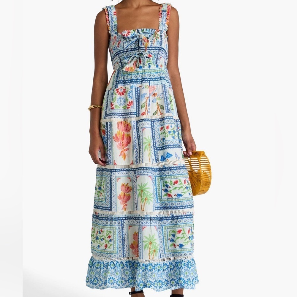 Farm Rio Tropical Tiles Cotton Square Neck Smocked Tiered A Line Maxi Dress - Picture 2 of 12